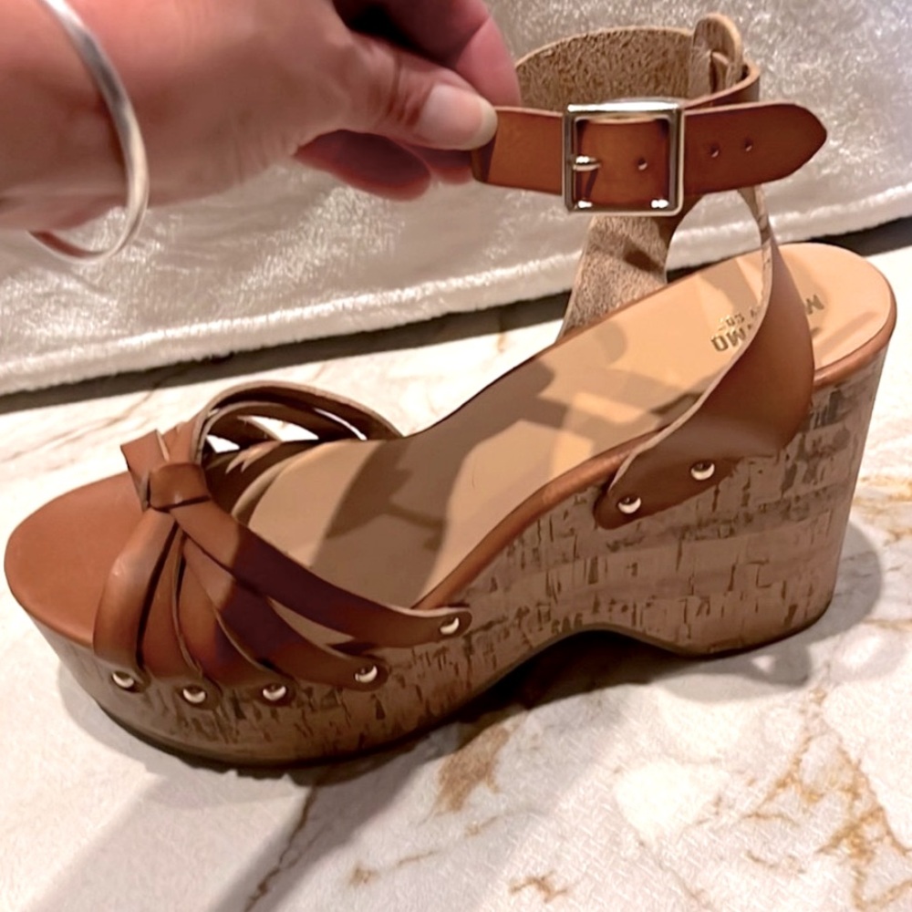LK NW MOSSIMO 👡 FAUX BROWN LEATHER 4” CORK HEEL PLATFORM WEDGE SANDALS Womens 10 - Picture 5 of 16